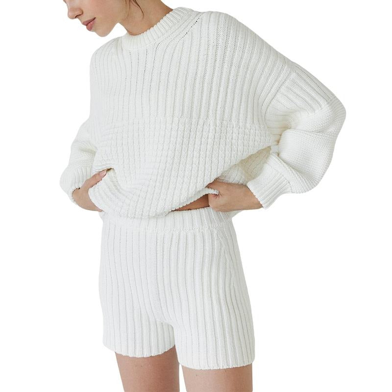 Women's Autumn 2 Piece Shorts Outfits Long Sleeve Crewneck Sweater Knit Shorts Set Womenswear Check T-Shirts, Hoodie,...