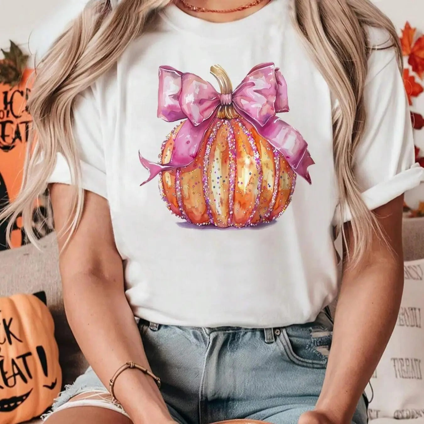 Women's Bowknot & Pumpkin Print Round Neck Tee, Fashion Casual Short Sleeve T-shirt for Daily Holiday Vacation Outdoor Wear, Ladies Clothes for Summer