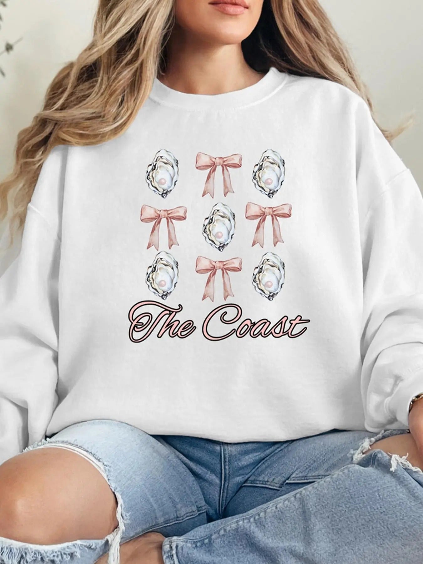 Women's Bowknot Print Crew Neck Pullover, Casual Long Sleeve Sweatshirt for Fall & Winter, Women's Clothes for Daily Wear