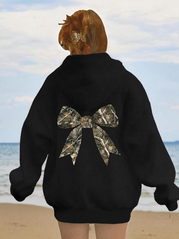 Women's Bowknot Print Hoodie, Fashion Casual Long Sleeve Hooded Sweatshirt for Daily Holiday Outdoor Wear, Women Clothing for Fall & Winter