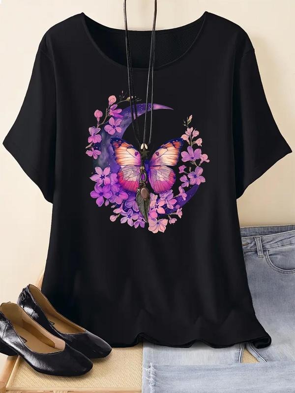 Women's Butterfly & Floral & Moon Print Round Neck Tee, Stylish Short Sleeve Crew Neck T-Shirt for Summer, Fashion Women's Top for Daily Wear