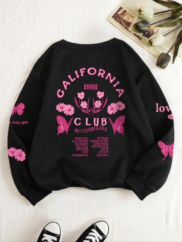 Women's Butterfly & Floral Print Drop Shoulder Pullover, Fashion Casual Crew Neck Sweatshirt for Daily Holiday Outdoor Wear, Women Clothing for Fall & Winter