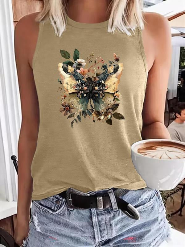 Women's Butterfly & Floral Print Tank Top, Casual Sleeveless Top for Summer, Ladies Clothes for Daily Wear