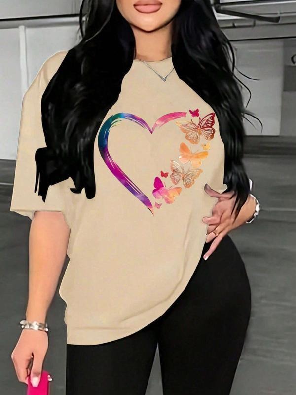 Women's Butterfly & Heart Print Shirt, Fashion Casual Round Neck Half Sleeve T-shirt for Daily Wear, Vintage Graphic...