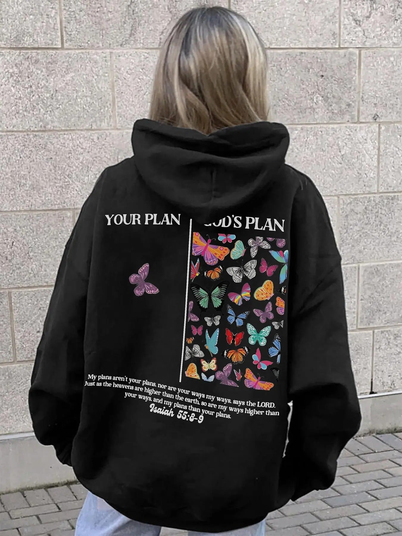 Women's Butterfly & Letter Print Drop Shoulder Hoodie, Fashion Casual Drawstring Pocket Hooded Sweatshirt for Daily Holiday Outdoor Wear, Ladies Clothes for Spring & Fall