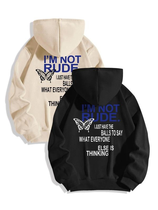 Women's Butterfly & Letter Print Drop Shoulder Hoodie, Fashion Casual Drawstring Pocket Hooded Sweatshirt for Daily Holiday Outdoor Wear, Women Clothes for Fall & Winter