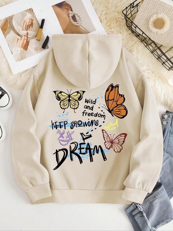 Women's Butterfly & Letter Print Drop Shoulder Hoodie, Fashion Casual Drawstring Pocket Hooded Sweatshirt for Daily Holiday Outdoor Wear, Women Clothes for Spring & Fall