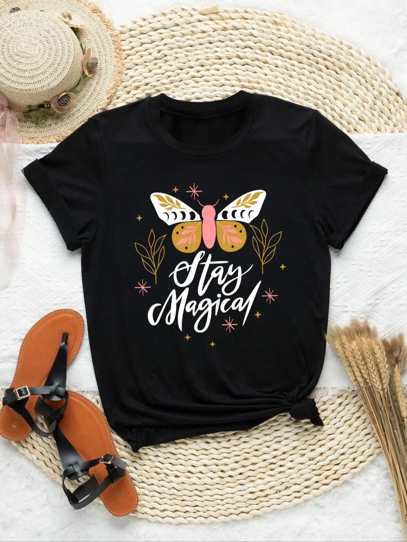 Women's Butterfly & Letter Print Round Neck Tee, Vintage Trendy Casual Short Sleeve T-shirt for Daily Wear, Ladies All Seasons Outfit