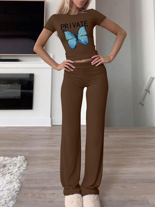 Women's Butterfly Print Crop Tee & Flare Leg Pants Two-piece Set, Casual Fashion Cozy Round Neck Short Sleeve Top & Bell Bottom Trousers for Daily Outdoor Wear, Women's Clothing for Fall