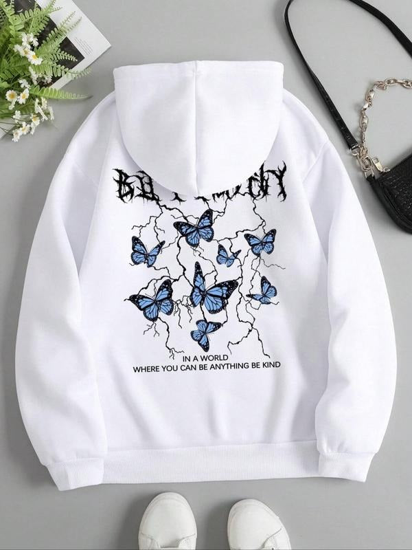 Women's Butterfly Print Drawstring Pocket Thermal Lined Hoodie, Fashion Casual Hooded Sweatshirt for Daily Holiday Outdoor Wear, Women Clothing for Fall & Winter