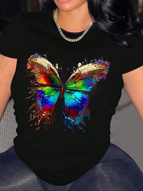 Women's Butterfly Print Round Neck Tee, Fashion Casual Short Sleeve T-shirt for Daily Holiday Vacation Outdoor Wear, Ladies Clothes for All Seasons