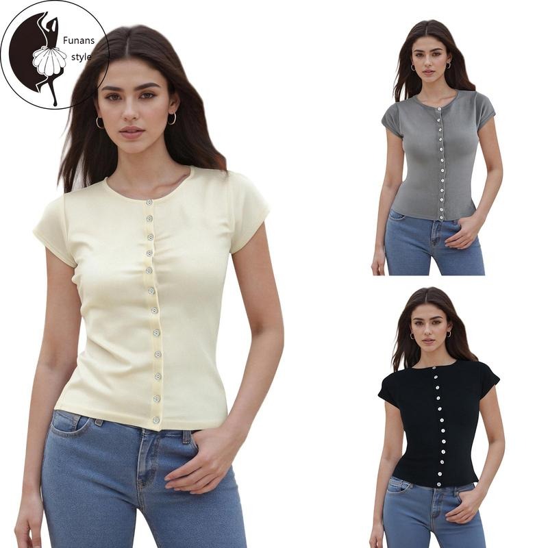 Women's Button Down TopsFit Stylish Solid Crew Neck Short Sleeve T-Shirt for Summer
