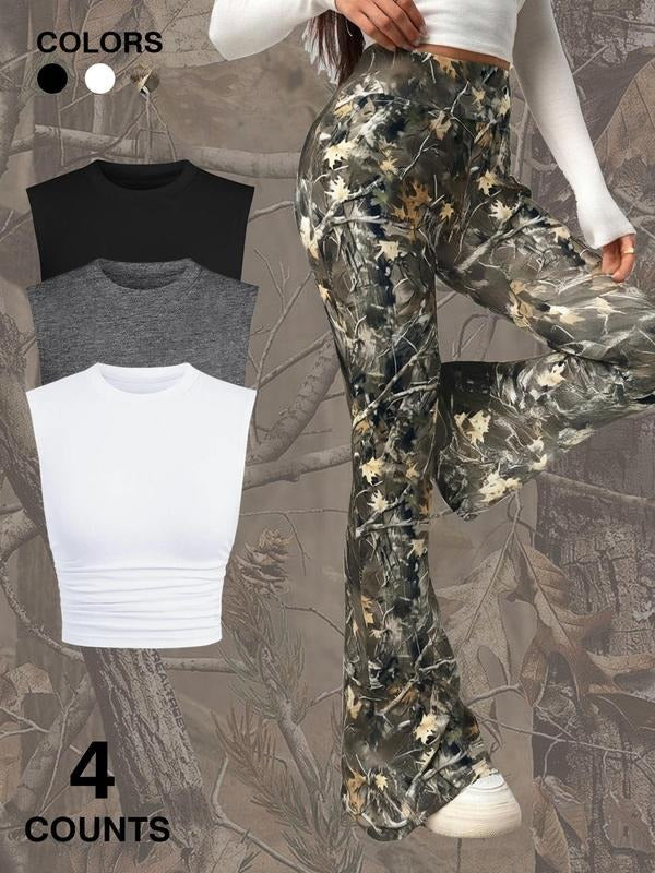 Women's Camo Print Crop Tank Top & Wide Leg Pants Set, Casual Sleeveless Top & Trousers for Daily Wear, Ladies Summer Clothes, Pajama