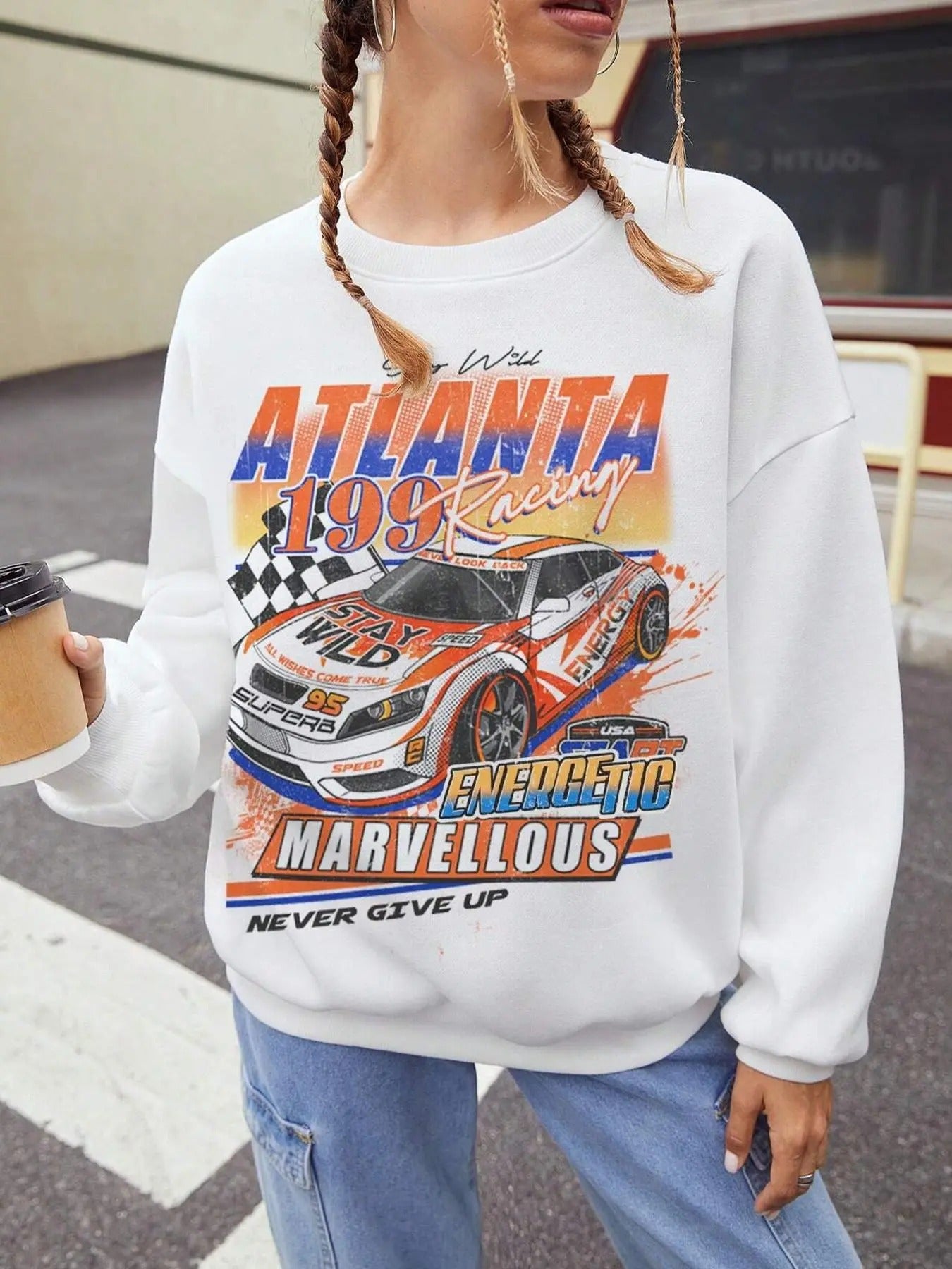 Women's Car & Letter Print Crew Neck Sweatshirt, Casual Long Sleeve Pullover for Fall & Winter, Women's Clothes for Daily Wear