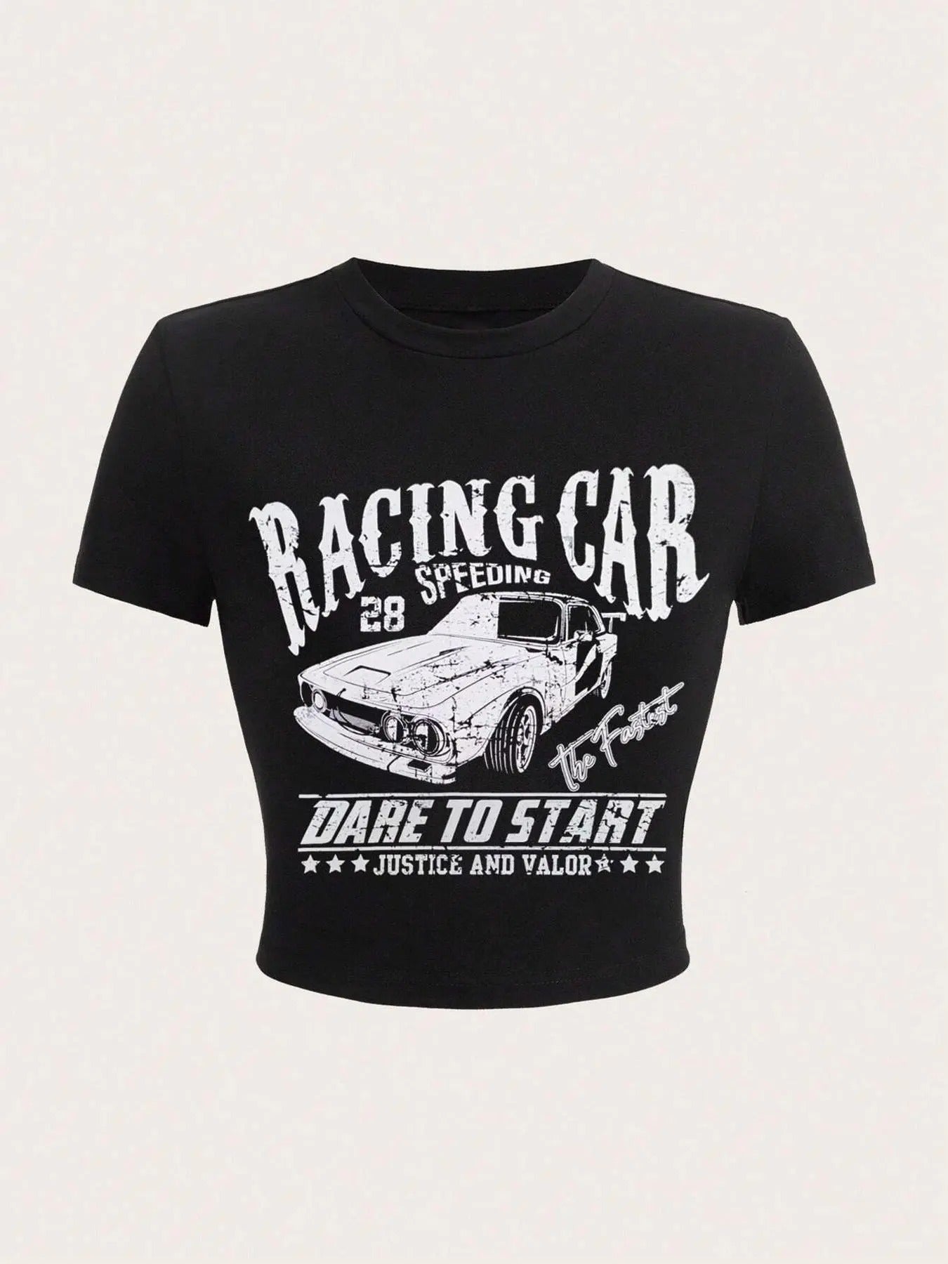 Women's Car & Letter Print Round Neck Crop Tee, Vintage Trendy Casual Short Sleeve T-shirt for Daily Wear, Ladies Summer...