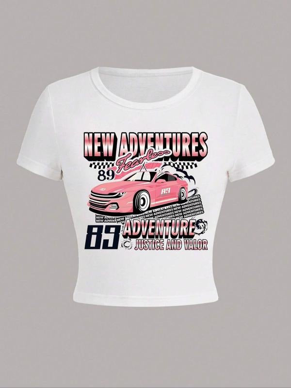 Women's Car & Letter Print Round Neck Graphic Tee, Vintage Trendy Casual Short Sleeve T-shirt For Daily Wear, Ladies All Seasons Outfit