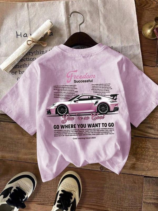 Women's Car & Letter Print Round Neck Tee, Casual Short Sleeve Crew Neck T-shirt for Summer, Fashion Women's Top for Daily Wearstyle{n002}2