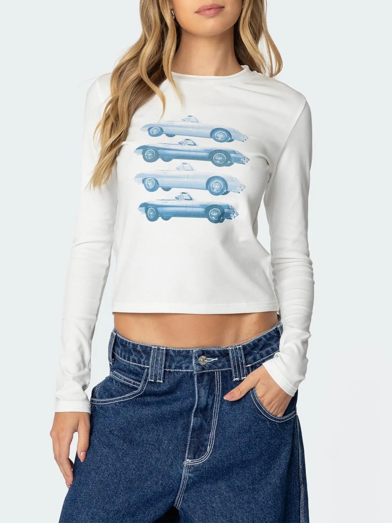 Women's Car Print Round Neck Crop Tee, Casual Long Sleeve Crew Neck T-shirt for Spring & Fall, Fashion Women's Top for...