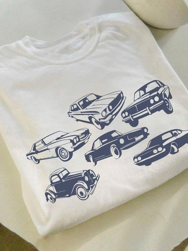 Women's Car Print Round Neck Tee, Casual Short Sleeve Crew Neck T-shirt for Daily Wear, Ladies Clothes for All Seasons