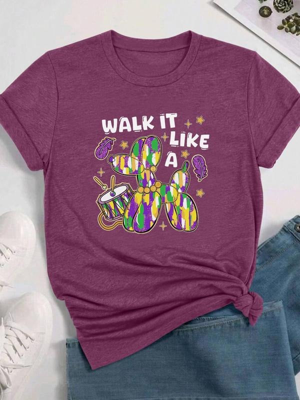 Women's Cartoon & Letter Print Round Neck Tee, Fashion Casual Crew Neck T-shirt for Daily Holiday Vacation Outdoor Wear, Ladies Clothes for All Seasons