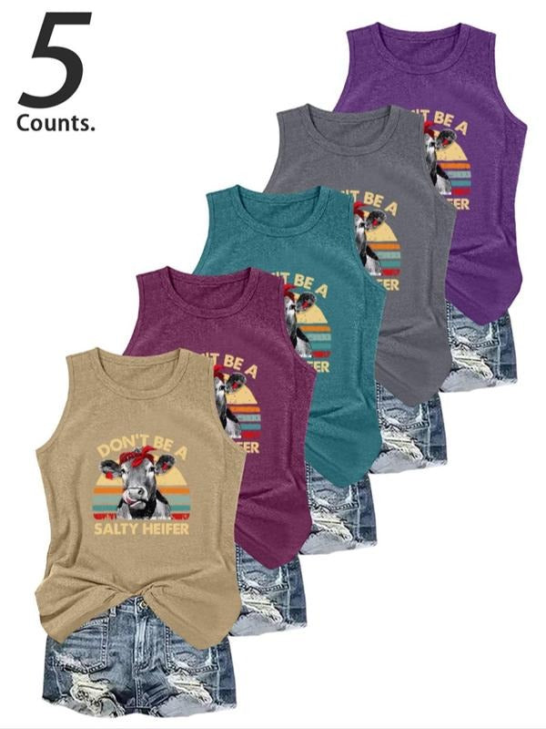 Women's Cartoon & Letter Print Round Neck Tank Top, Casual Sleeveless Top for Daily Wear, Ladies Clothes for All Seasons, Socks