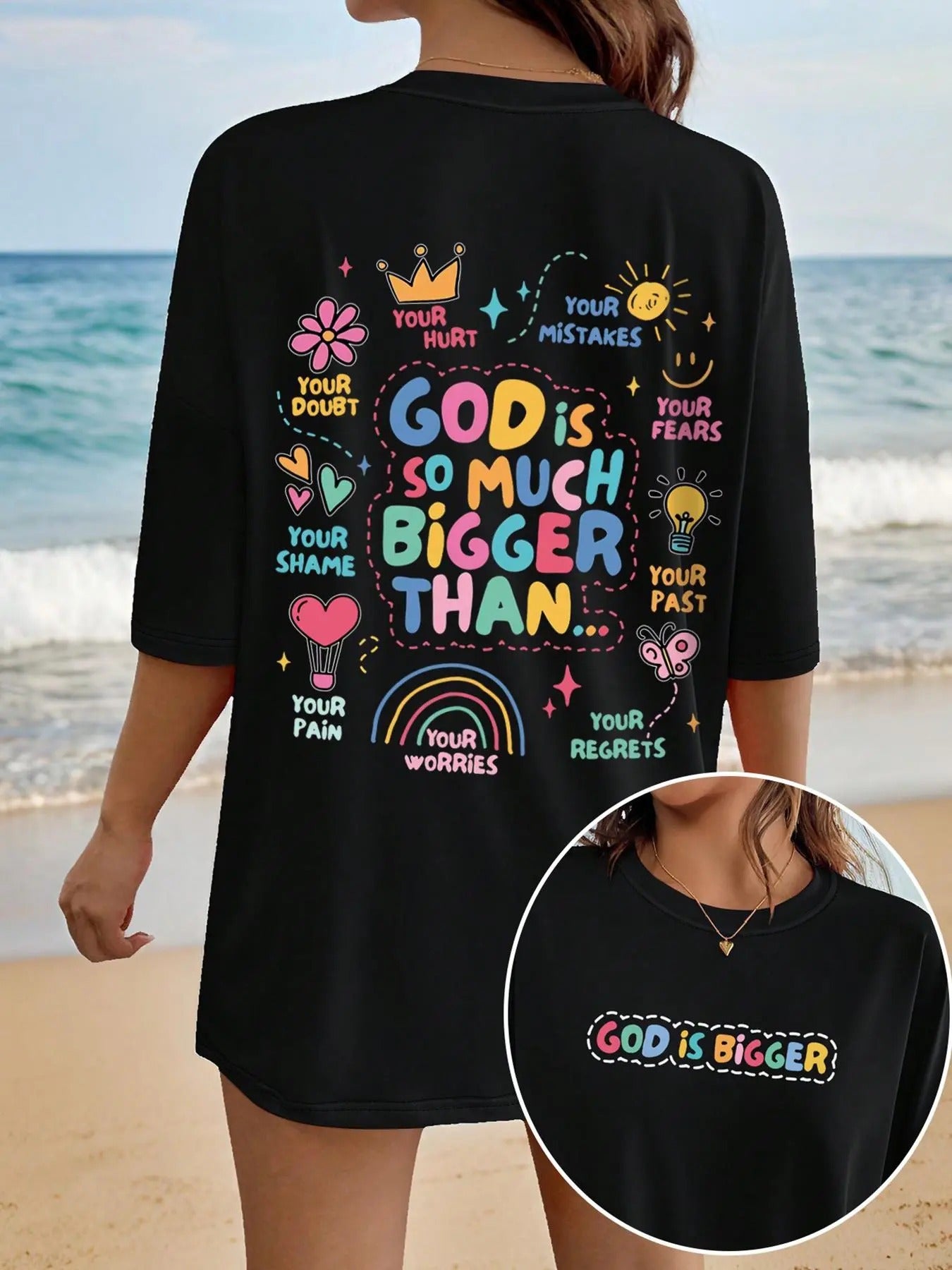 Women's Cartoon & Slogan Print Round Neck Tee, Fashion Casual Crew Neck T-Shirt for Daily Holiday Vacation Outdoor Wear, Ladies Clothes for Summer