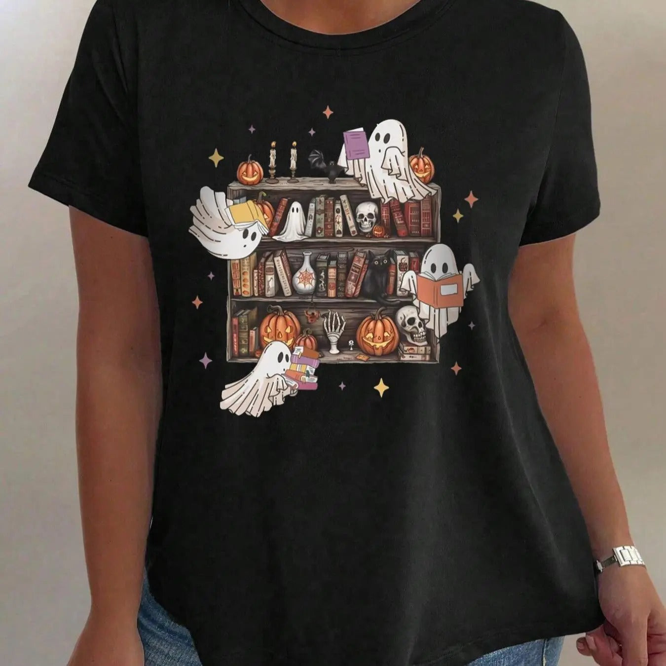 Women's Cartoon Print Round Neck Tee, Casual Half Sleeve Crew Neck T-shirt for Daily Holiday Vacation Outdoor Wear, Ladies Clothes for All Seasons