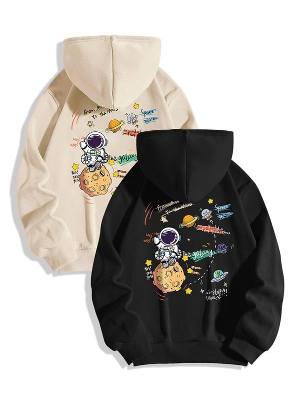 Women's Cartoon Astronaut Print Drawstring Pocket Drop Shoulder Hoodie, Fashion Casual Hooded Sweatshirt for Daily Holiday Outdoor Wear, Women Clothes for Fall & Winter