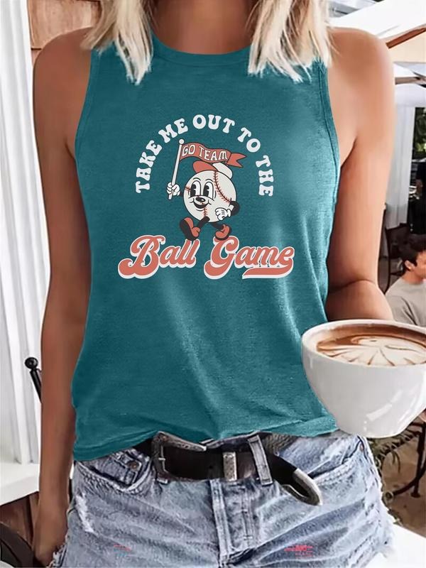 Women's Cartoon Baseball Player & Letter Print Round Neck Tank Top, Casual Sleeveless Crew Neck Top for Summer, Ladies Clothes for Daily Wear, Socks