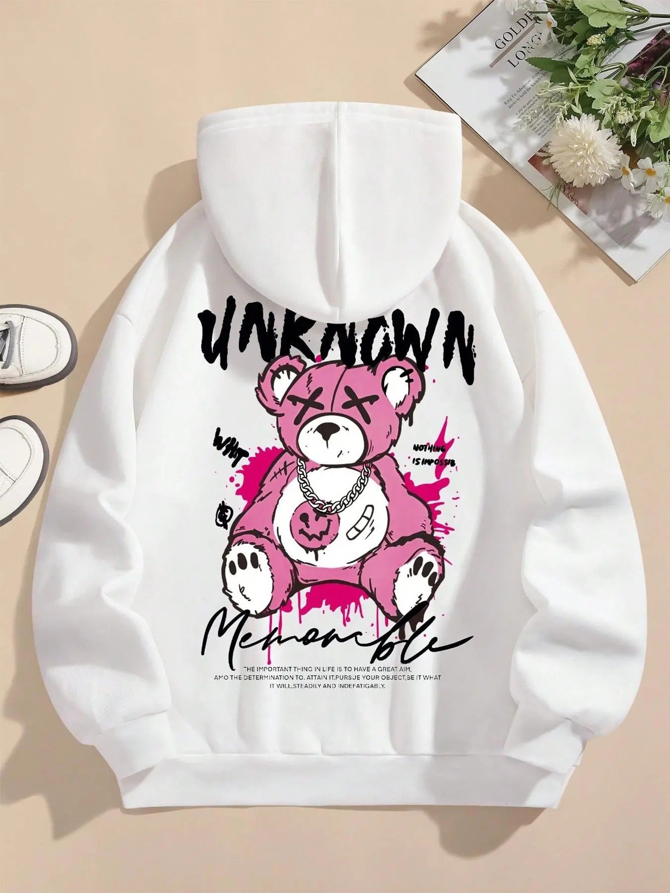 Women's Cartoon Bear & Letter Print Drop Shoulder Hoodie, Fashion Casual Drawstring Pocket Hooded Sweatshirt for Daily Holiday Outdoor Wear, Ladies Clothes for Spring & Fall, Black Girl Outfits