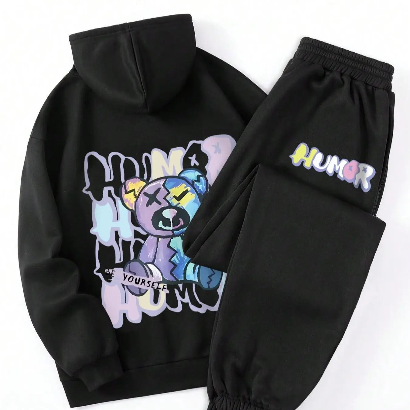 Women's Cartoon Bear & Letter Print Drop Shoulder Pocket Hoodie & Drawstring Waist Sweatpants Two-piece Set, Casual Fashion Cozy Breathable Two Piece Outfits for Daily Wear, Ladies Spring & Fall Clothes