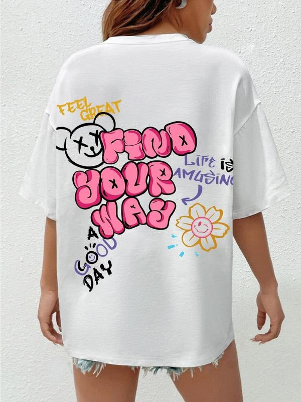 Women's Cartoon Bear & Letter Print Drop Shoulder Tee, Fashion Casual Round Neck Half Sleeve T-Shirt for Daily Wear, Ladies Clothes for All Seasons