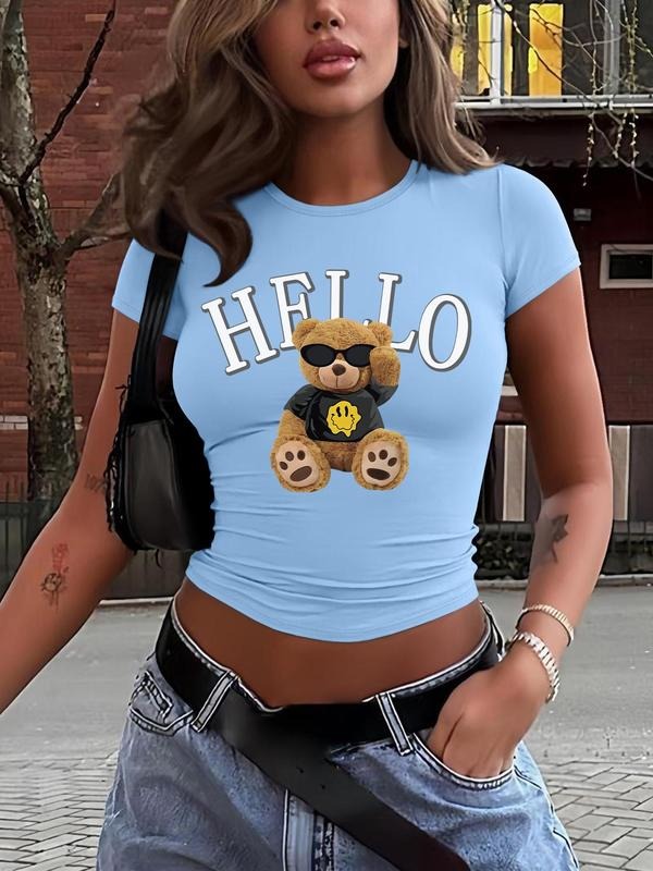 Women's Cartoon Bear & Letter Print Round Neck Tee, Fashion Casual Crew Neck T-shirt for Daily Holiday Vacation Outdoor Wear, Ladies Clothes for All Seasons, Top