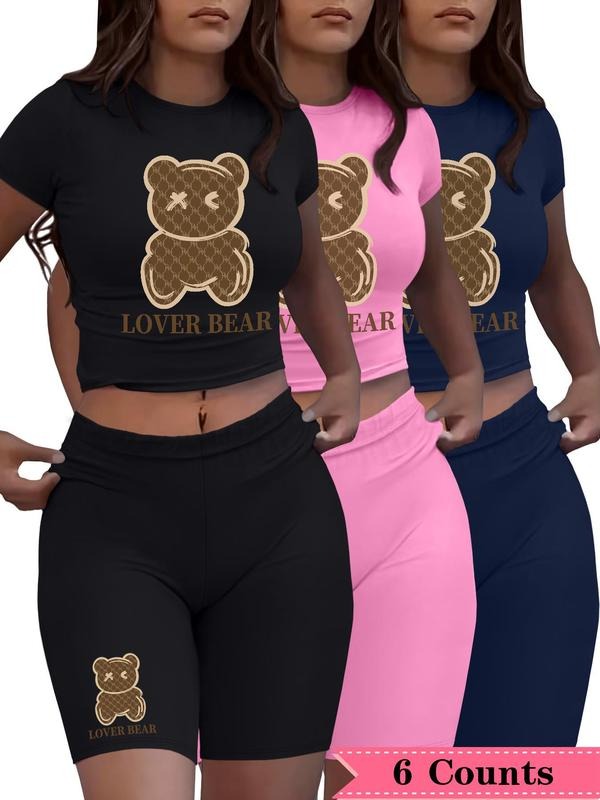 Women's Cartoon Bear Print Crop Tee & Shorts Set, Casual Round Neck Short Sleeve T-Shirt & Skinny Shorts, Ladies Two-Piece for Daily Wear