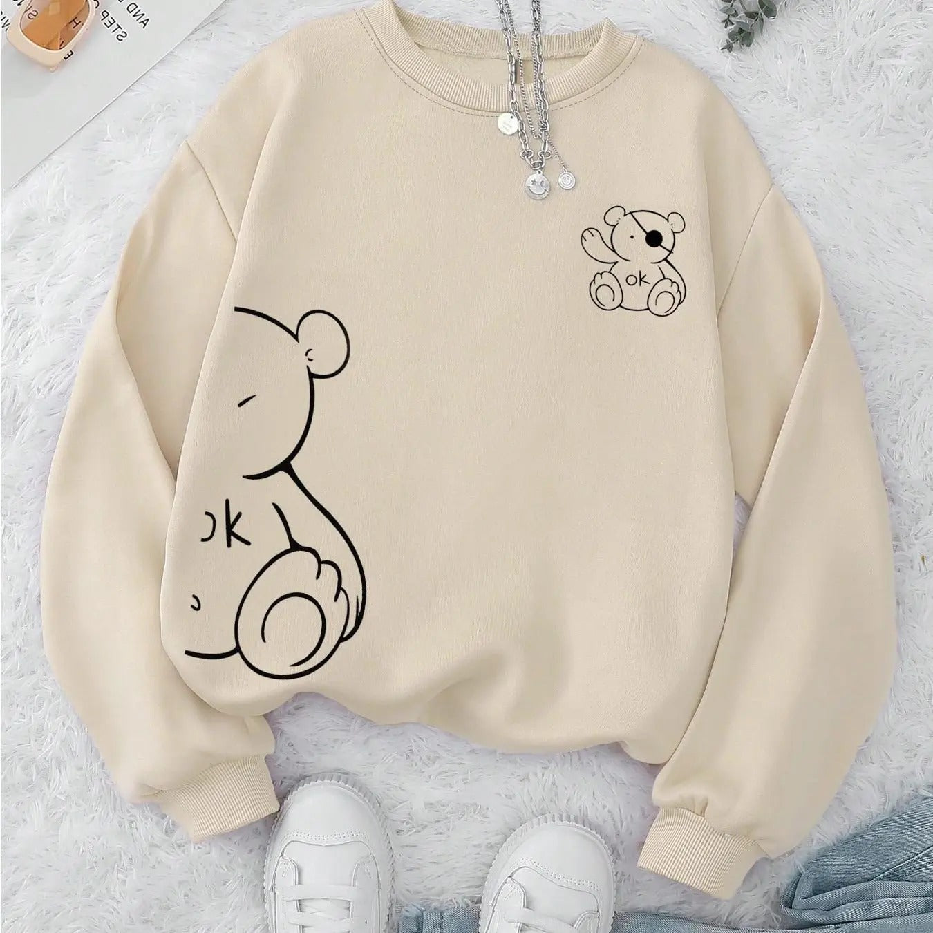 Women's Cartoon Bear Print Drop Shoulder Sweatshirt, Casual Long Sleeve Round Neck Pullover for Fall & Winter, Women's Clothes for Daily Wear