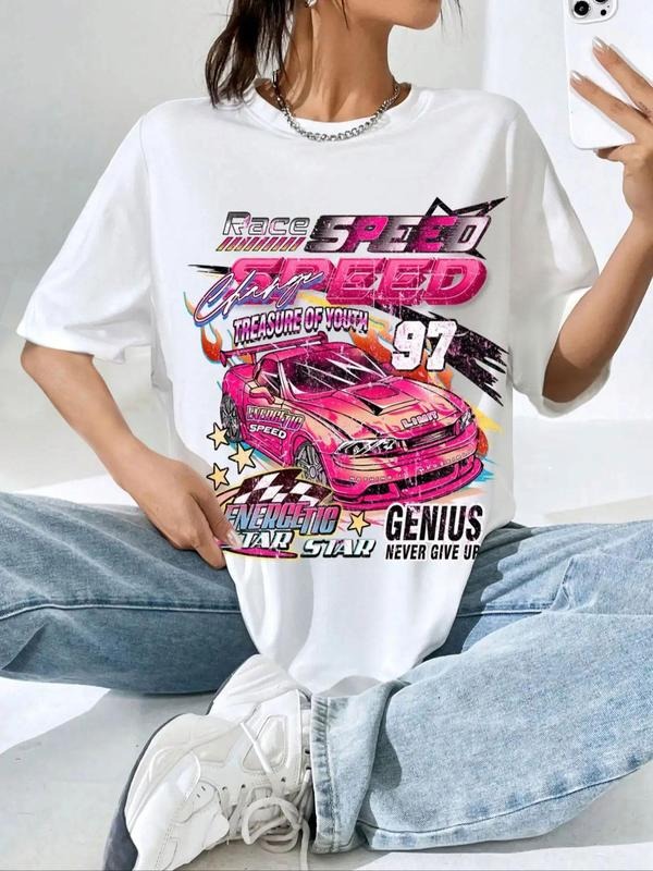 Women's Cartoon Car & Letter Print Round Neck Tee, Graphic Tees, Fashion Casual Crew Neck Drop Shoulder Half Sleeve T-Shirt for Daily Outdoor Wear, Ladies Summer Clothes