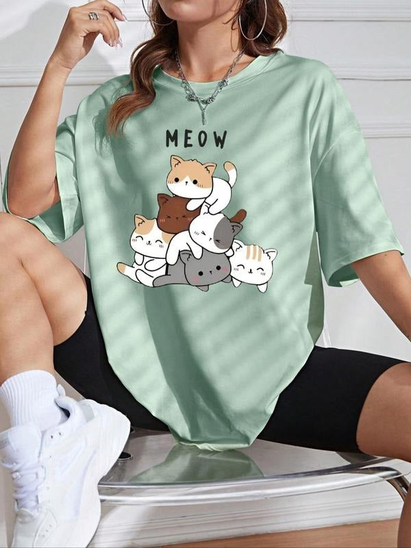 Women's Cartoon Cat & "meow" Letter Print Round Neck Tee, Cute Casual Drop Shoulder Half Sleeve T-shirt for Summer, Ladies Clothes for Daily Wear