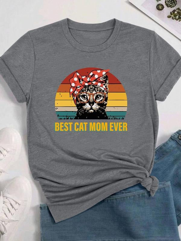 Women's Cartoon Cat & Letter Print Round Neck Tee, Fashion Casual Crew Neck T-shirt for Daily Holiday Vacation Outdoor Wear, Ladies Clothes for All Seasons