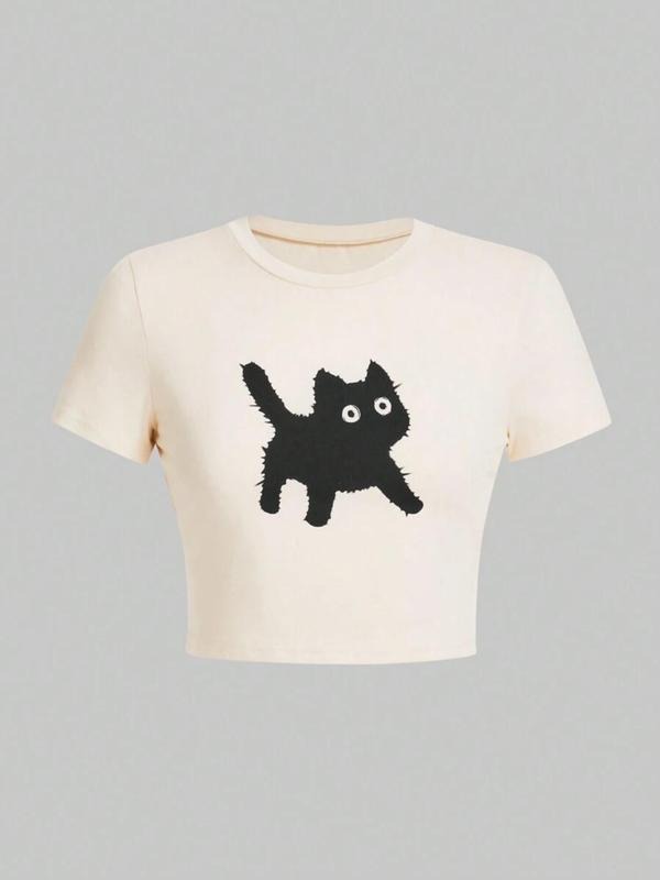 Women's Cartoon Cat Print Round Neck Crop Tee, Casual Short Sleeve Crew Neck T-shirt for Summer, Fashion Women's Top for Daily Wear