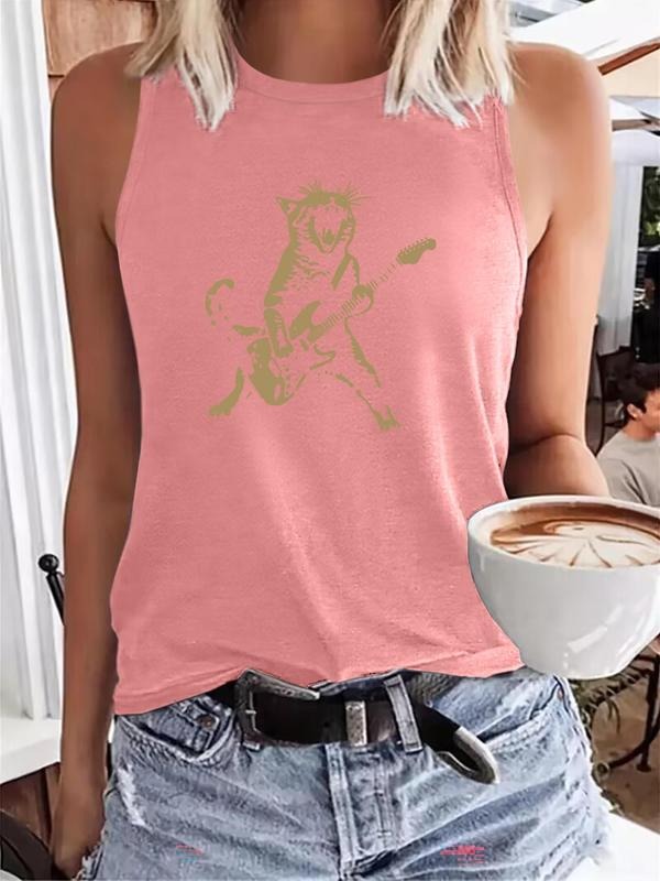 Women's Cartoon Cat Print Tank Top, Casual Sleeveless Top for Summer, Ladies Clothes for Daily Wear, Socks