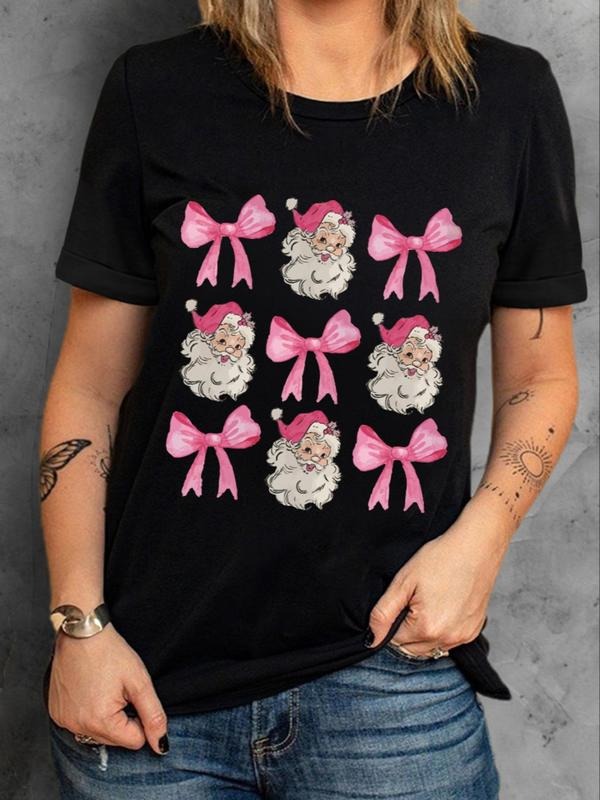 Women's Cartoon Christmas Print Round Neck Tee, Casual Short Sleeve Crew Neck T-Shirt for Summer, Fashion Women's Top for Daily Wear