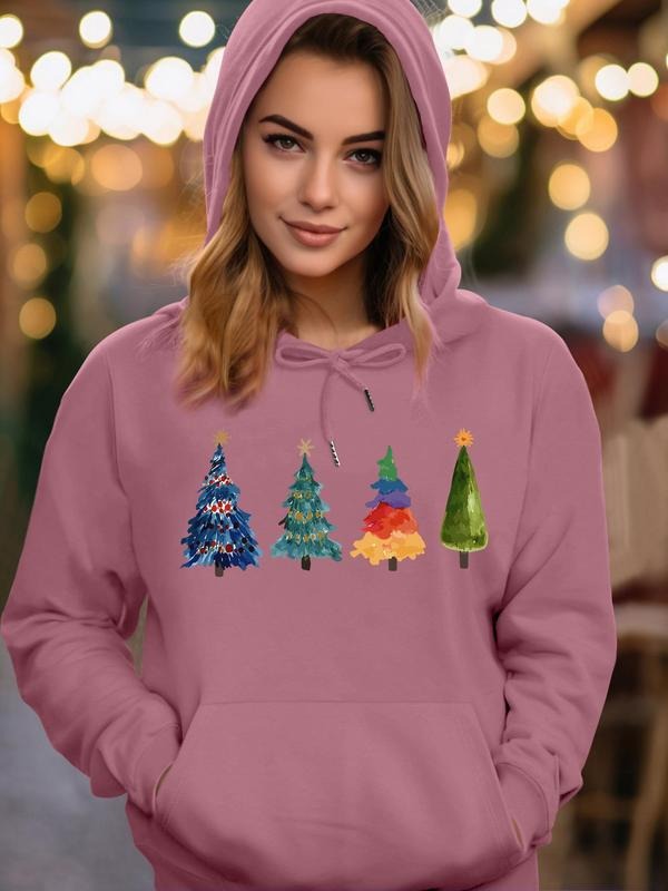 Women's Cartoon Christmas Tree Print Drawstring Pocket Hoodie, Fashion Casual Long Sleeve Hooded Sweatshirt for Daily Holiday Outdoor Wear, Women Clothing for Fall & Winter