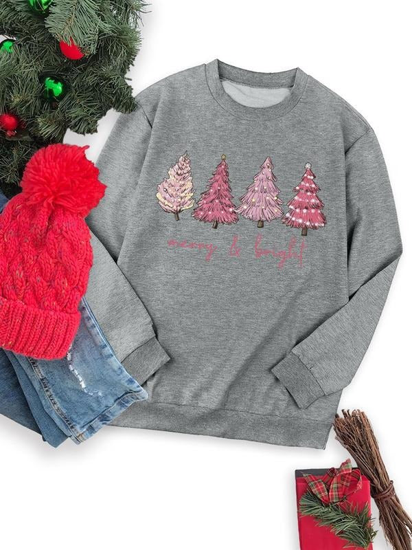 Women's Cartoon Christmas Tree Print Drop Shoulder Sweatshirt, Casual Long Sleeve Round Neck Pullover for Fall & Winter, Ladies Clothes for Daily Wear