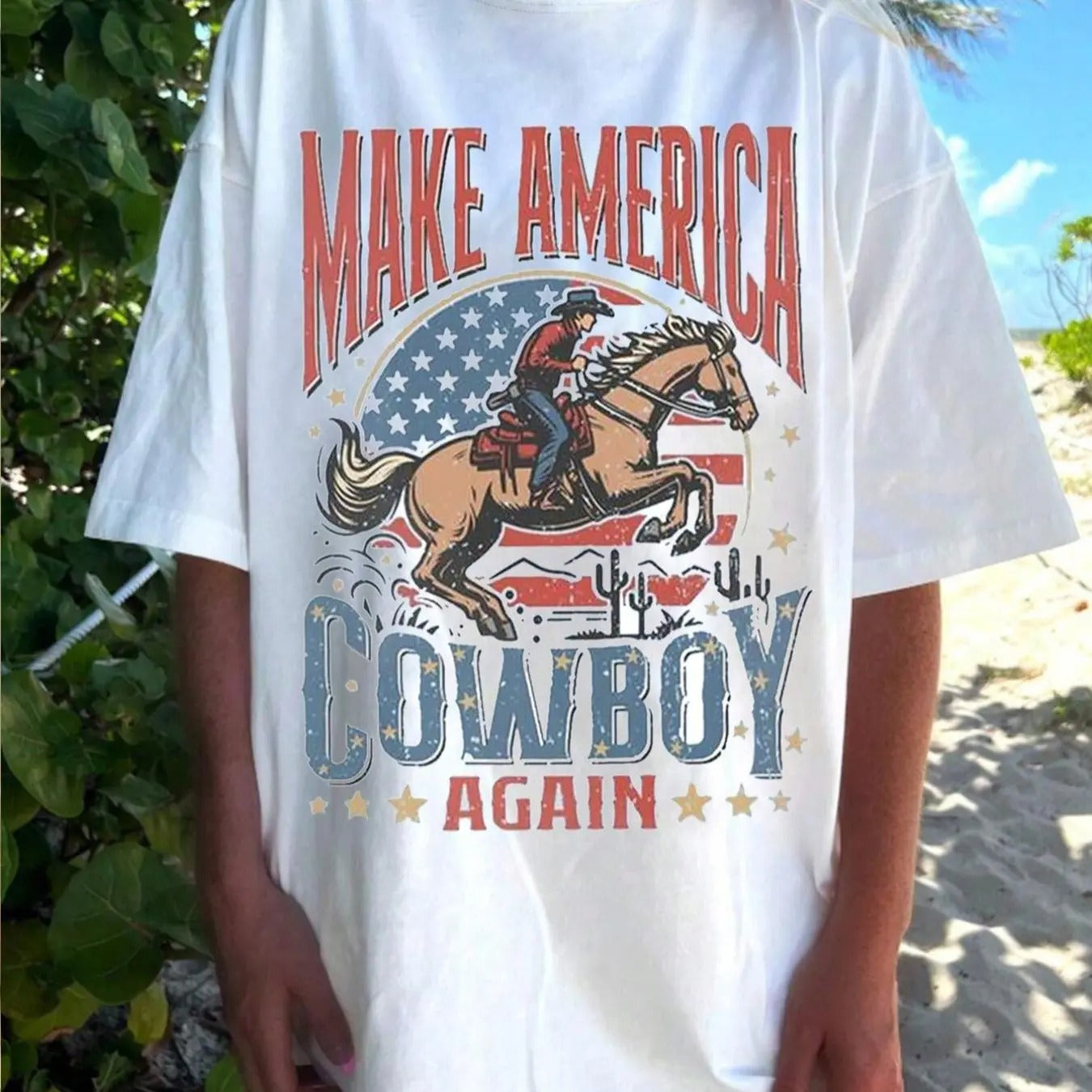 Women's Cartoon Cowboy Graphic Print Round Neck Tee, Fashion Casual Drop Shoulder Short Sleeve T-shirt, Ladies Summer Clothes for Daily Wear