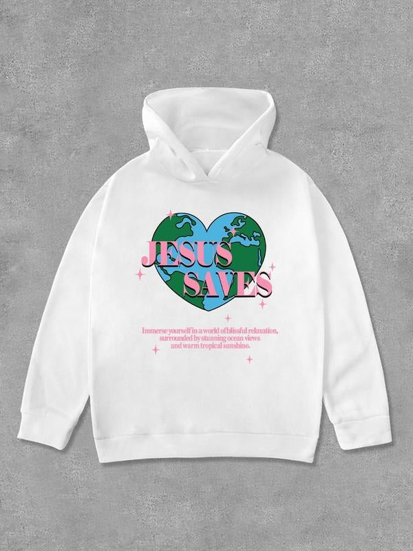 Women's Cartoon Earth & Letter Print Hoodie, Fashion Casual Long Sleeve Hooded Sweatshirt for Daily Holiday Outdoor Wear, Women Clothing for Fall & Winter