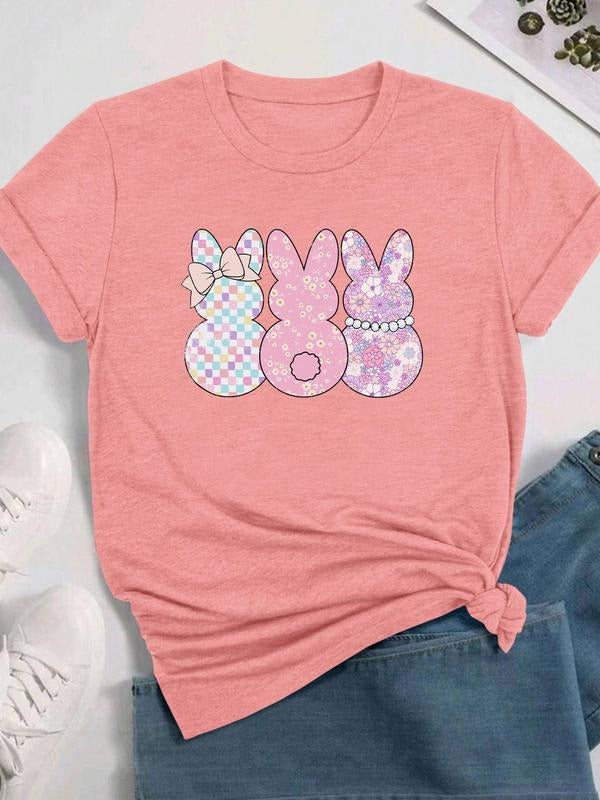 Women's Cartoon Easter Print Round Neck Tee, Fashion Casual Crew Neck T-Shirt for Daily Holiday Vacation Outdoor Wear, Ladies Clothes for All Seasons
