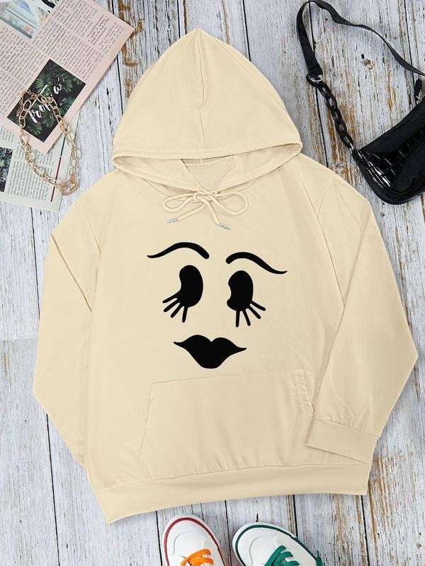 Women's Cartoon Face Print Drop Shoulder Hoodie, Fashion Casual Drawstring Pocket Hooded Sweatshirt for Daily Holiday Outdoor Wear, Women's Clothing for Fall & Winter