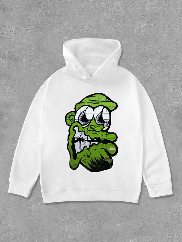 Women's Cartoon Face Print Drop Shoulder Hoodie, Fashion Casual Long Sleeve Hooded Sweatshirt for Daily Holiday Outdoor Wear, Women Clothing for Fall & Winter