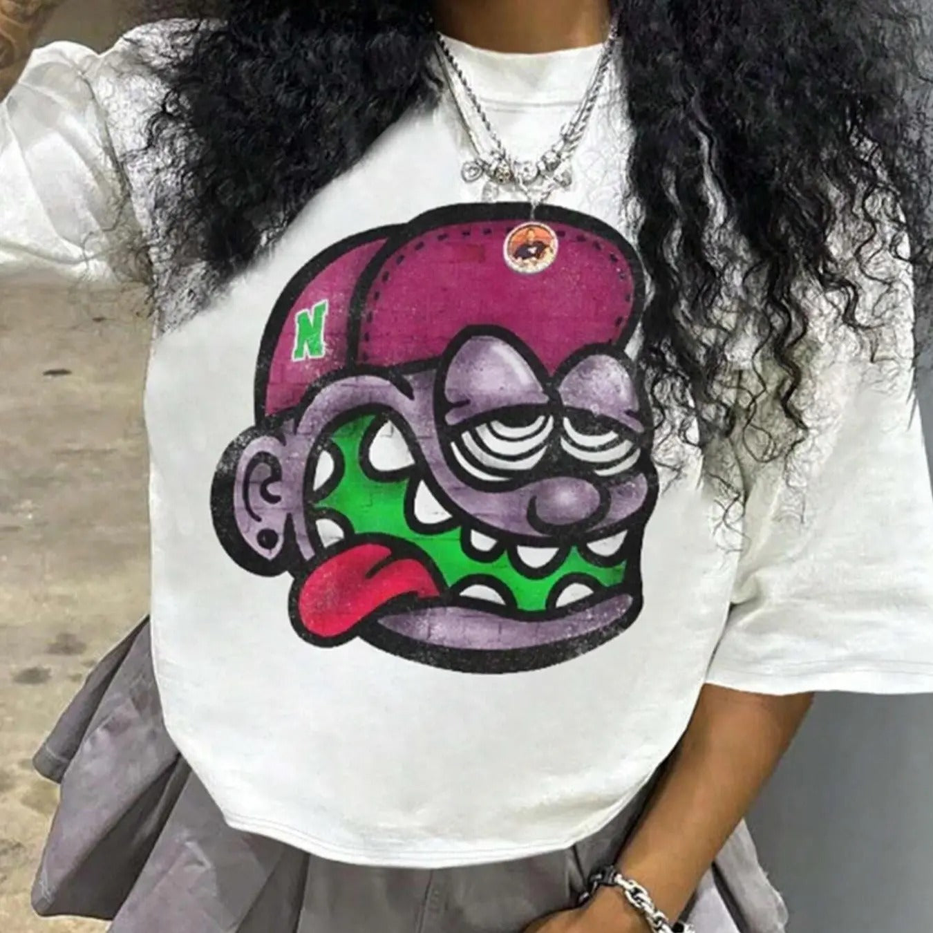 Women's Cartoon Face Print Drop Shoulder Tee, Casual Half Sleeve Round Neck T-shirt for Summer, Fashion Women's Top for Daily Wear