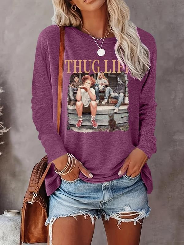 Women's Cartoon Figure & Letter Print Round Neck Tee, Fashion Casual Crew Neck Long Sleeve T-shirt for Daily Holiday Outdoor Wear, Women Clothing for Fall & Winter